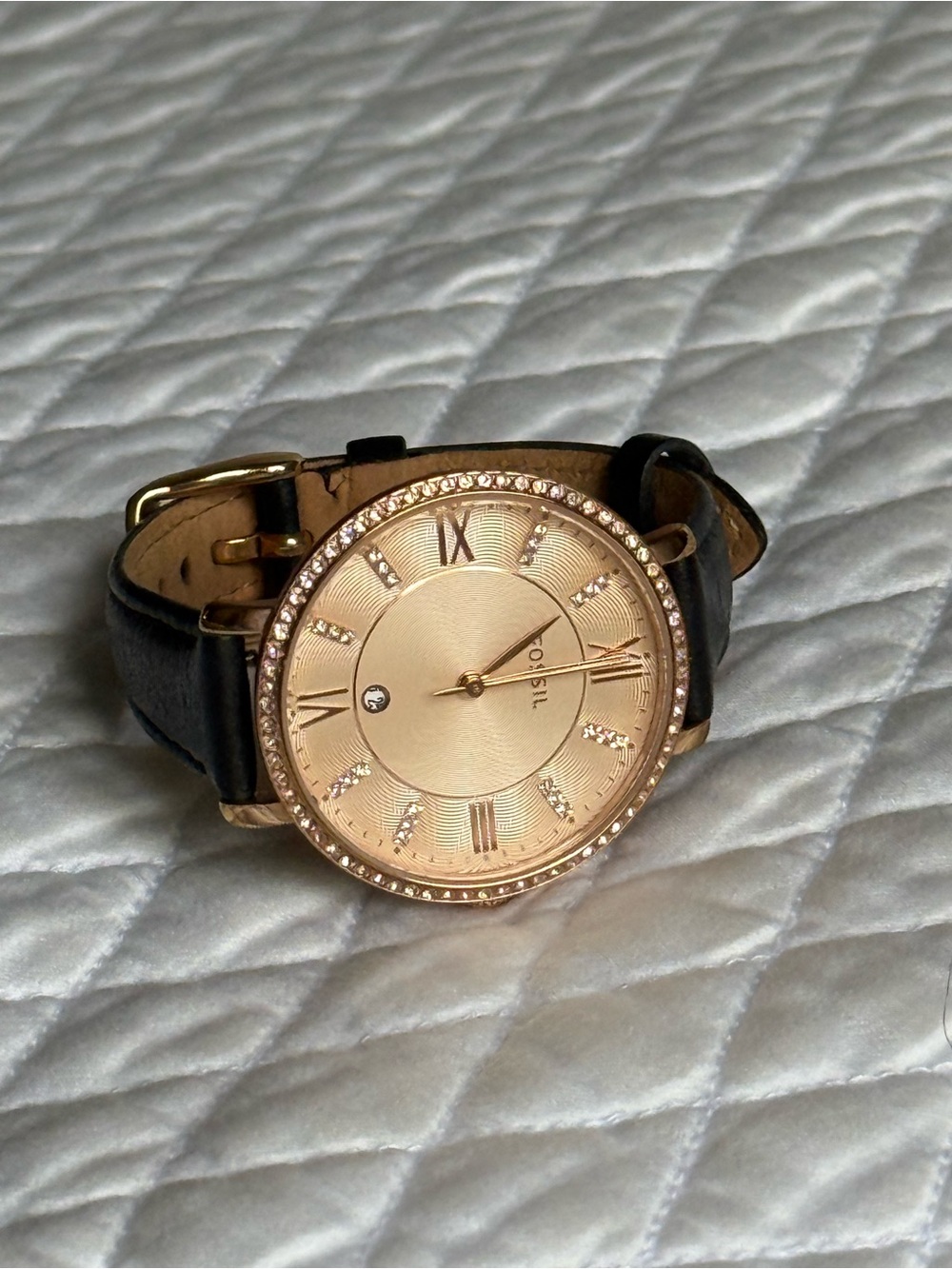 Fossil Rose Gold Crystal Watch Black Leather Band